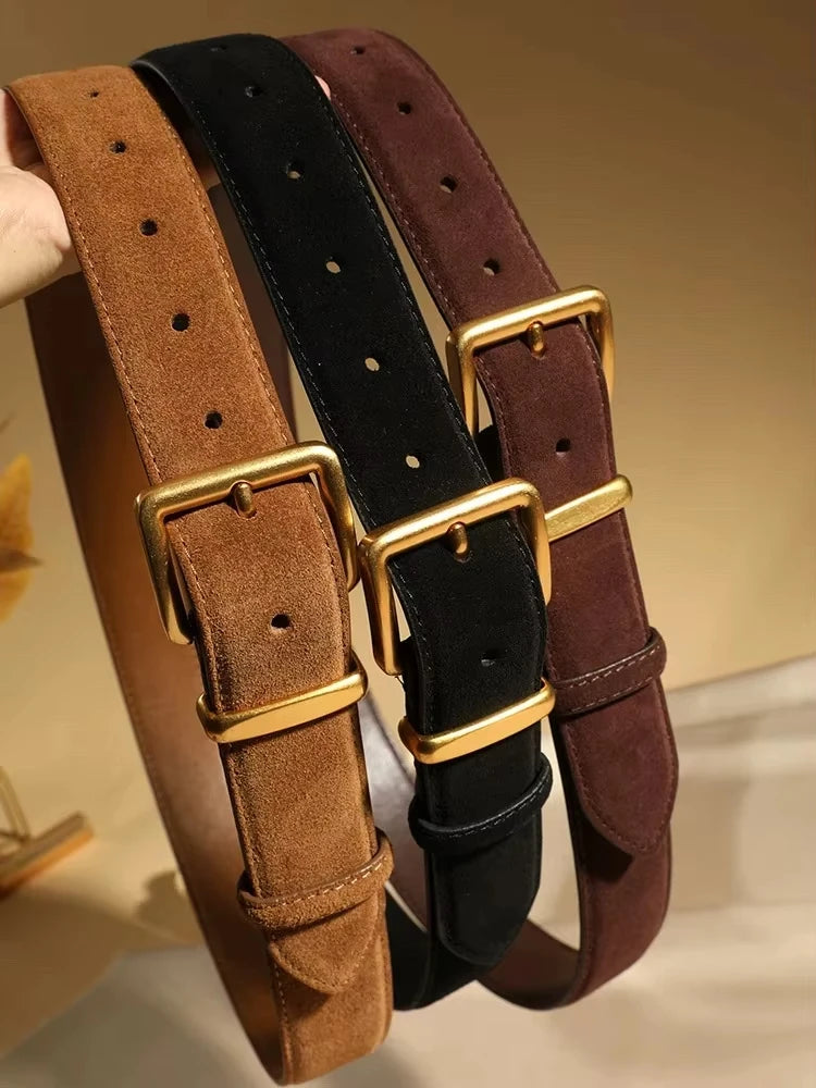Luxury Suede Cowhide Leather Belt for Women, Vintage Style with Gold Buckle, 3.5cm Wide Waistband for Dresses & Jeans