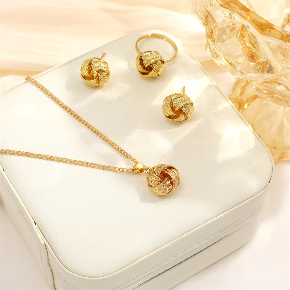 Gold Color Alloy Metal Twist Lucky Knot Earrings Necklace Ring Jewelry Set For Women'S Girls Trendy Geometric Vintage Accesories