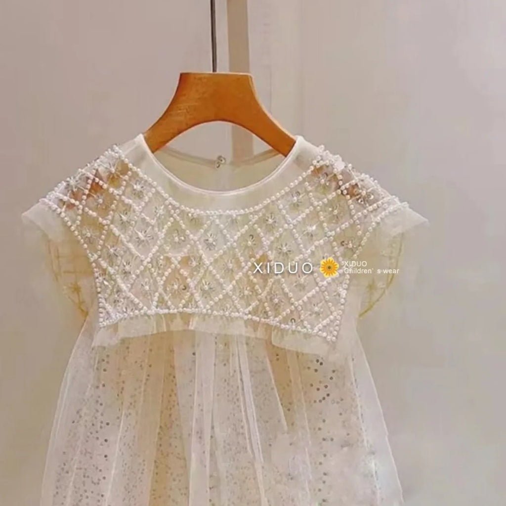 New Girls Princess Dress Casual Spring Summer Children's Wear Korean Pearl Neck Princess Dress Fashion Yarn Dress