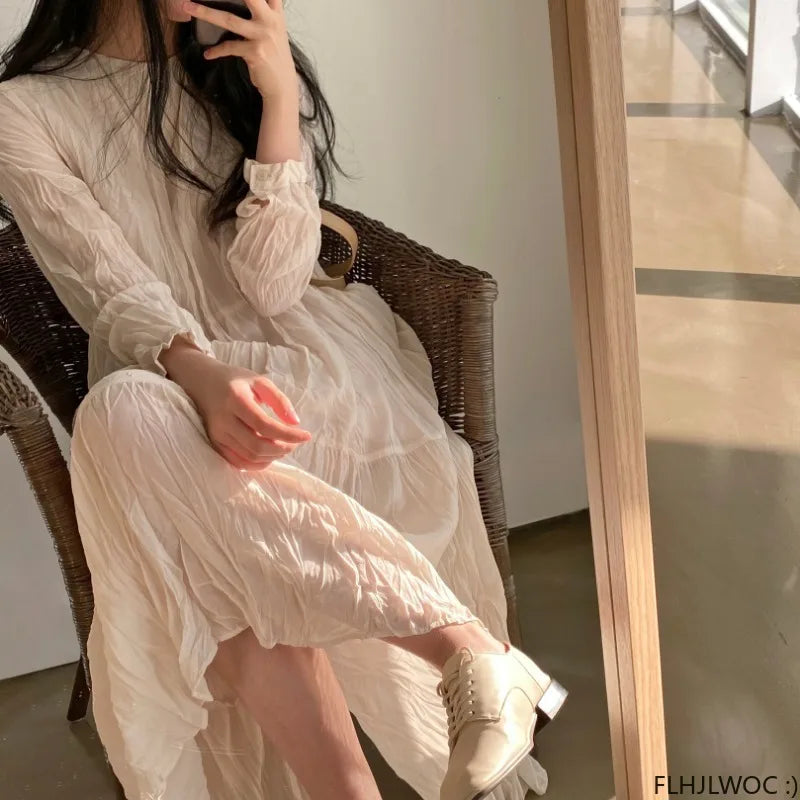 Autumn Spring Wrinkle Loose Dresses New Hot Women Cute Japan Style Retro Vintage Girls Holiday Casual Solid Apricot White Dress