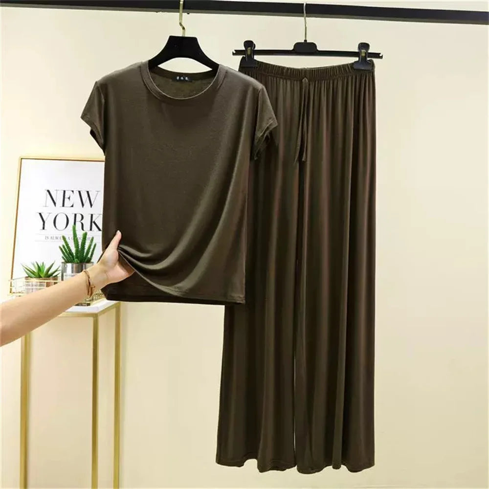 2025 Oversized M to 6XL Short Sleeve Tshirts and Wide leg pants Solid color Summer Modal Pajamas sets Casual homewear 2pcs suit