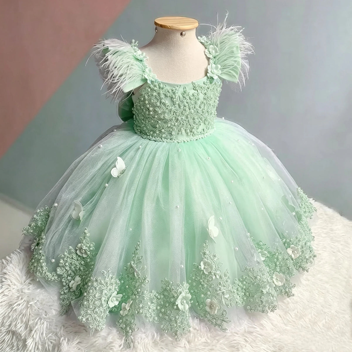 Girl Baby Tulle Fluffy Dress 3D Butterfly Pearl Feather Puffy Ball Gown Flower Girl Dresses for Wedding Birthday Party Pageant