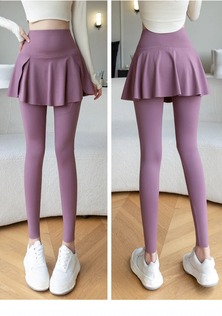 Women Fake Two Pieces Leggings Seamless Fitness Leggings High Waist with Pocket Elastic Slim Fashion Hip Liftting Yoga Pants