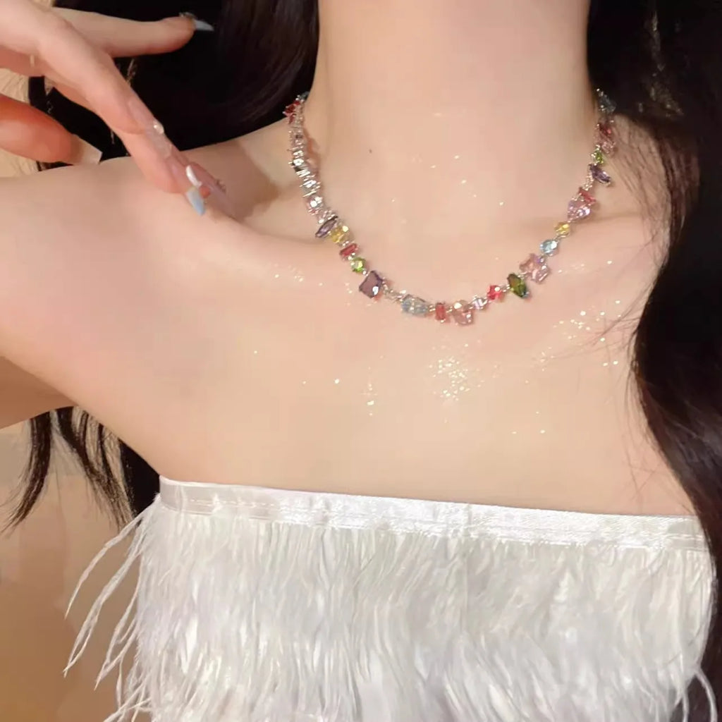 2026 Colorful Crystal Necklace Bracelet Chain Jewelry Set for Women Elegant Clavicle Chain Irregular Zircon Party Gift for Women