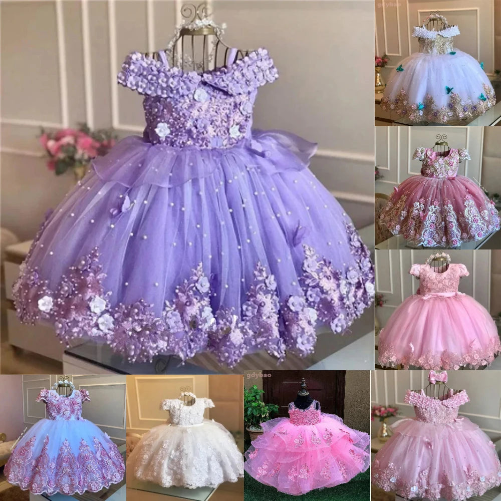 Quality Luxury Pink Pearl Applique Flower Girl Dress Little Princess For Wedding Ball Dresses Kids Birthday Party Evening Gowns