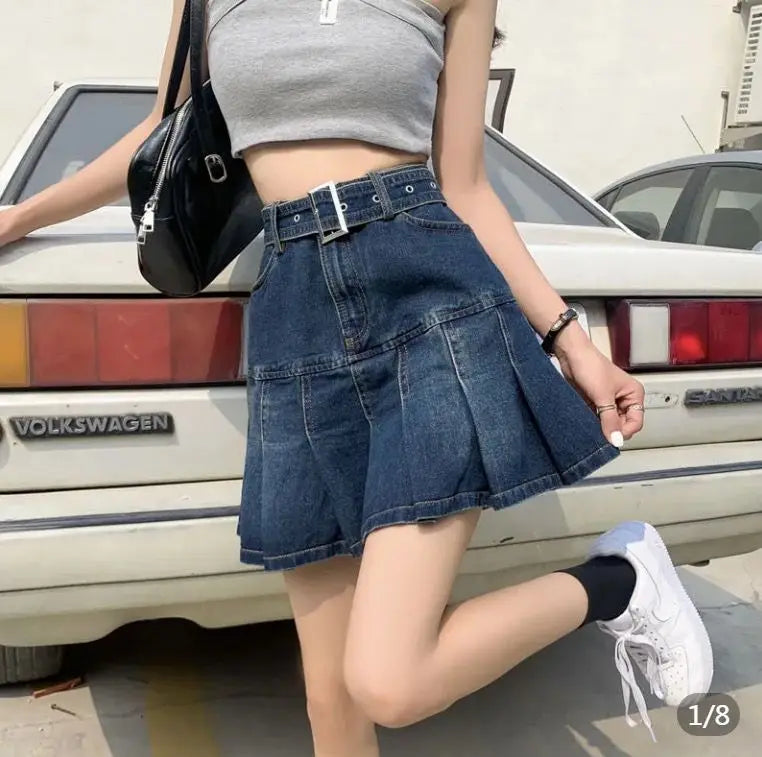 Spicy Girl Denim Half Skirt Women's Summer 2026 INS New Korean Retro High Waist Slim A-Line Pleated Short Skirt Trendy