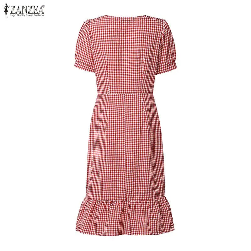 ZANZEA Vintage Gingham Knee-Length Dress Woman Suqare Neck Puff Sleeves Ruffled Hem Dresses Summer Casual Daily Wear Vestidos