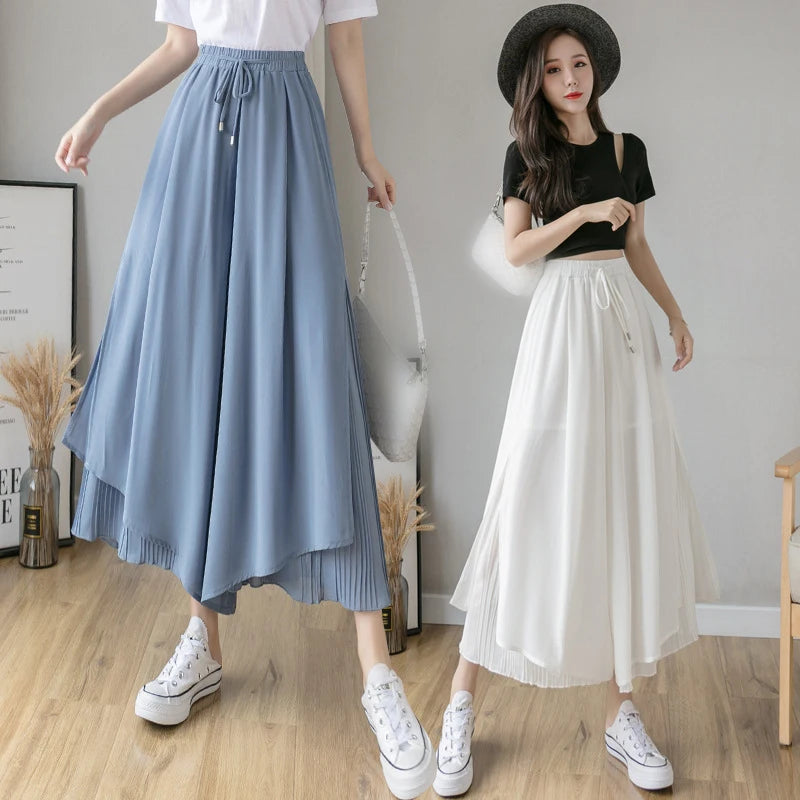 Summer Elastic Pleated Skirt Women Chiffon Trouser Skirt High Waist Casual Wide Leg Pants Fashion Streetwear Pants Pantalones