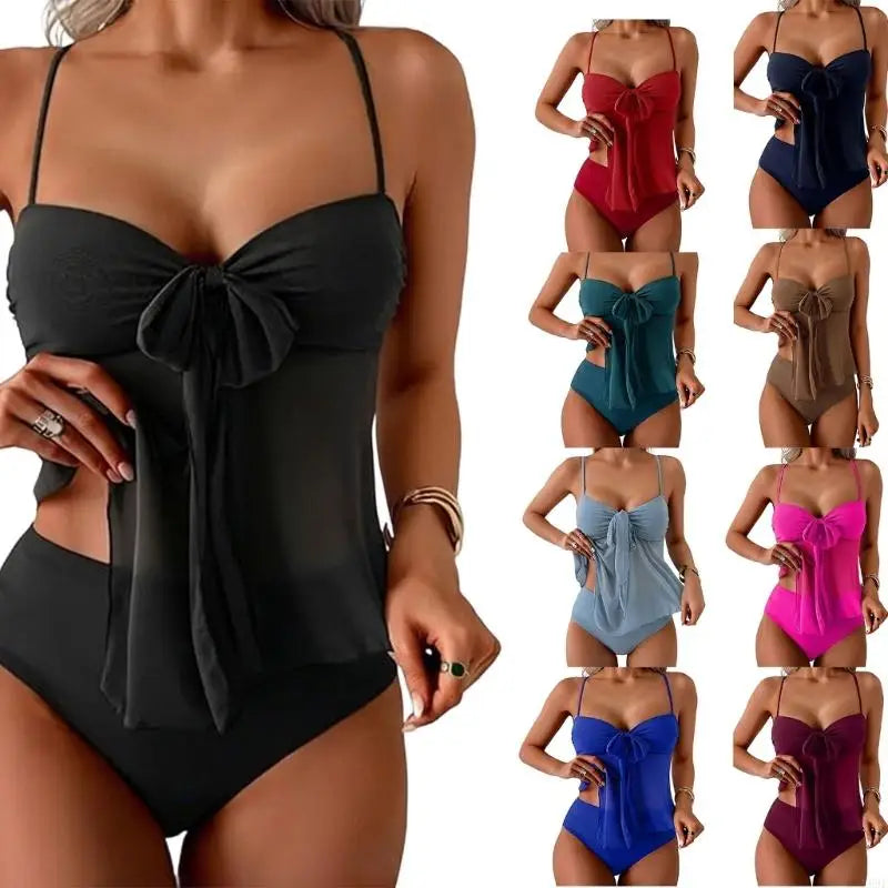 Women Two Piece Sheer Tankini Bathing Suit High Waist Swimwears with Adjustable Sheer Tie for Swimming Beach Volleyballs
