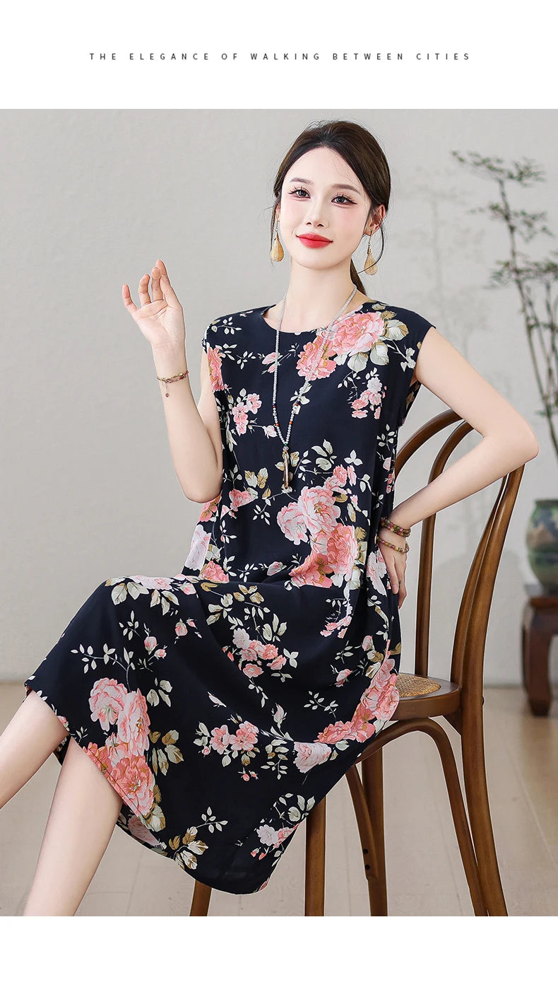 New Fashion Vintage Floral Print  Sleeveless Casual Party Femme Summer Dresses For Women 2025 O-neck Straight Women Clothing