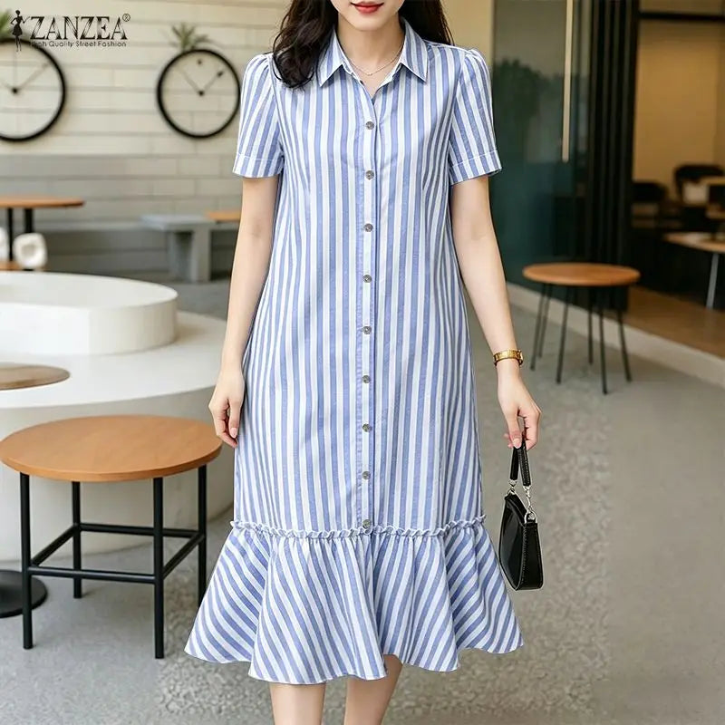 Summer Casual Short Sleeve Striped Midi Dress Women Turn-Down Collar Ruffled Hem Dresses ZANZEA Everyday Wear A-Line Vestidos