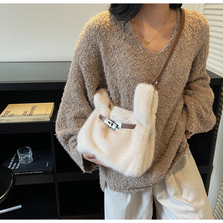 Fashionable Women's Bags Trend 2025 Faux Fur Shoulder Bags Plush Faux Mink Luxury Handbags Chic Crossbody Bag Solid Color Purses