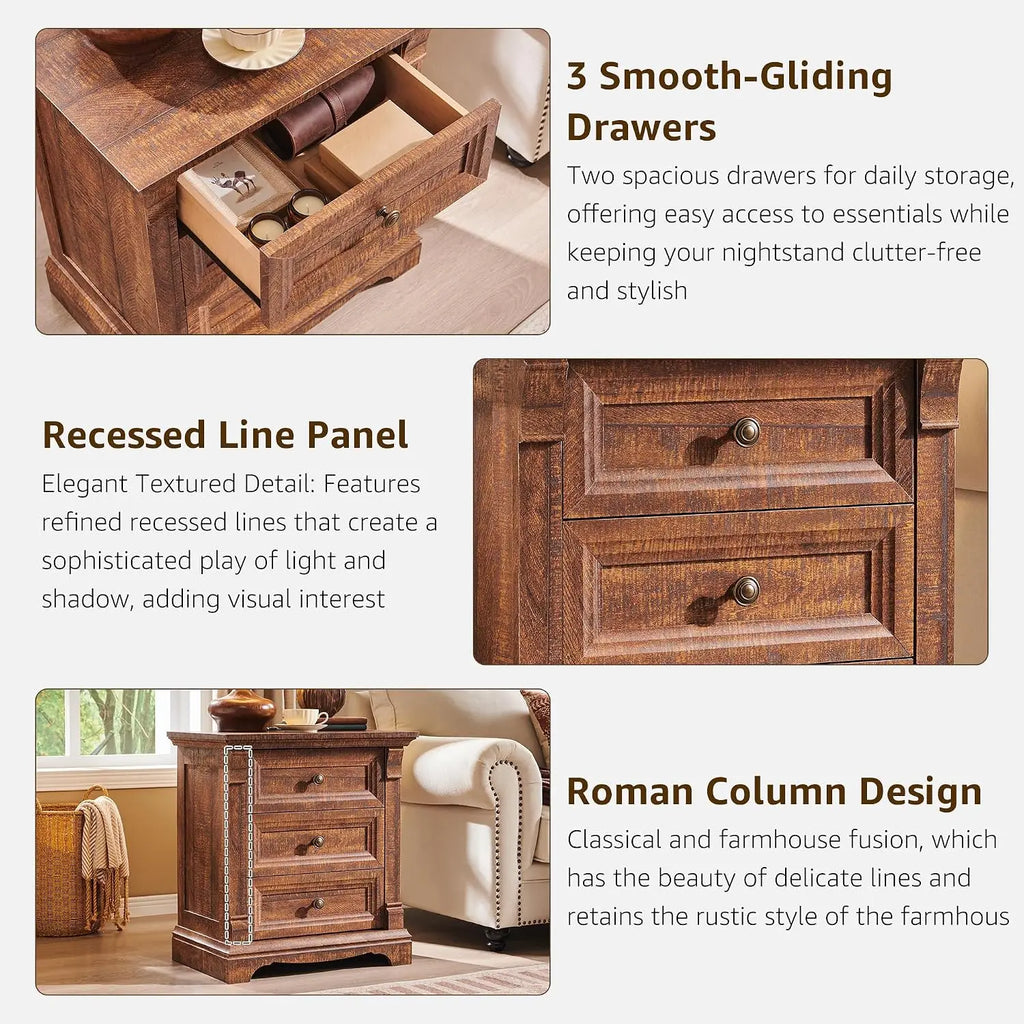 26" Tall Nightstand With Charging Station, 23.6"W End Table W/Roman Column, Customized