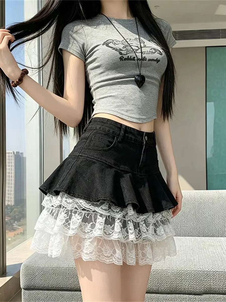 HotSweet Denim Patchwork Lace Mini Skirt 2026 Summer Ruffled Slimming A-Line Skirt For Women Streetwear Y2k Short Skirts