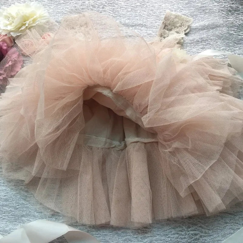 Flower Girl Lace Tulle Dress Elegant Princess Weddings Birthday Party Costumes for 3m To 7y Girls Baptism Festival Ball Gown