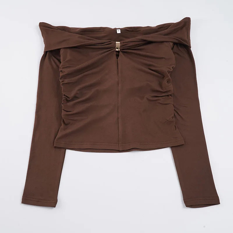Sexy Off-the-shoulder Pleated V-neck T-shirt Women's Slim-fit Solid-color Top with Metal Buttons