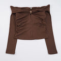 Sexy Off-the-shoulder Pleated V-neck T-shirt Women's Slim-fit Solid-color Top with Metal Buttons