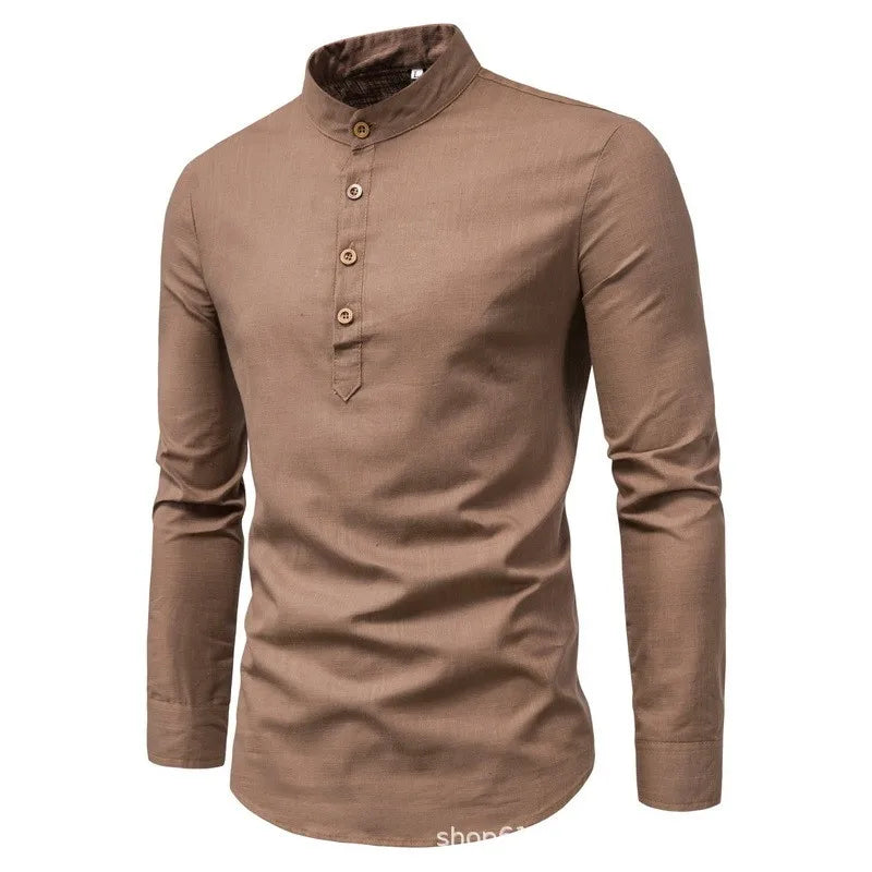 Men's Slim Fit Casual Shirt - Long Sleeve Cotton Standing Collar