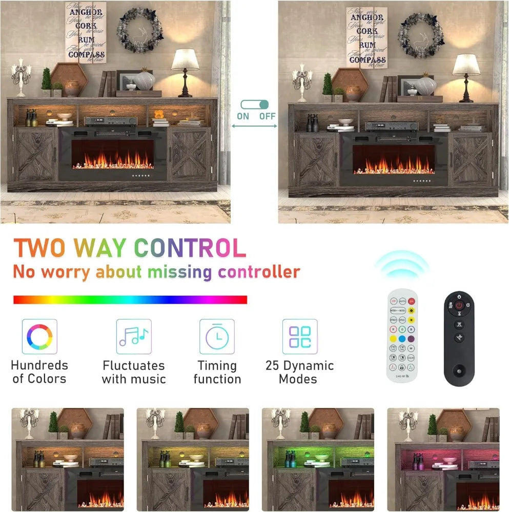 Fireplace TV Stand for 70/75/80 Inch TV, 32”Tall Entertainment Center w/ 36”Electric Fireplace and LED Light, 70”Media Console