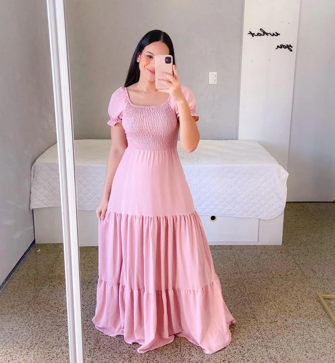 New Women's Boho Floral Dress Spring Summer European American Women's Clothing Off-shoulder Fragrant Long Solid Color Dress