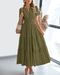 Summer Solid Color V-neck Tight Waist Dress French Style Elegant Pleated Large Swing Long Dress Casual Vacation Style Slimming M