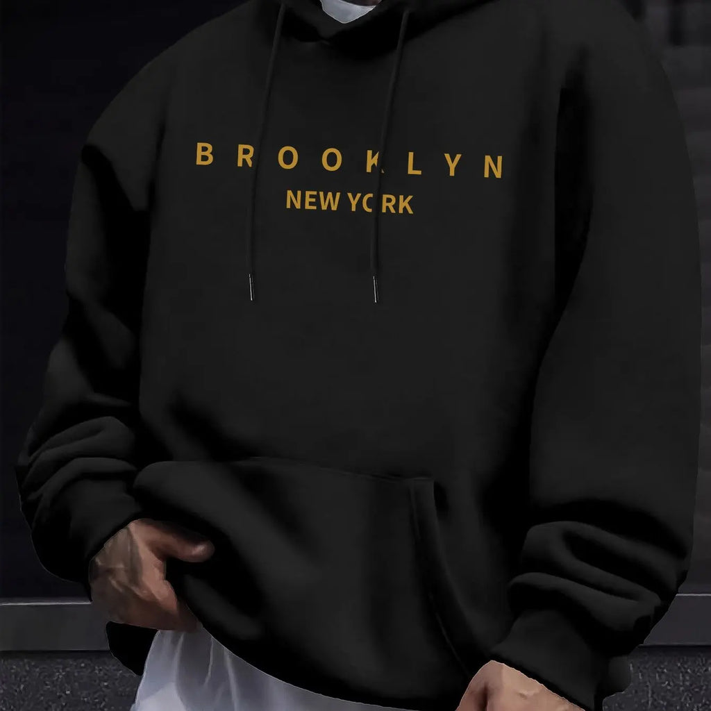 Men's autumn and winter casual fashionable loose brooklyn letter print long sleeved hooded warm sports pullover