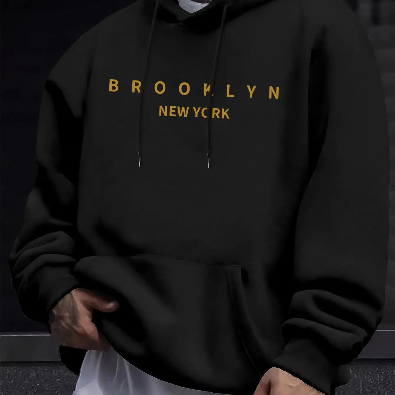 Men's autumn and winter casual fashionable loose brooklyn letter print long sleeved hooded warm sports pullover