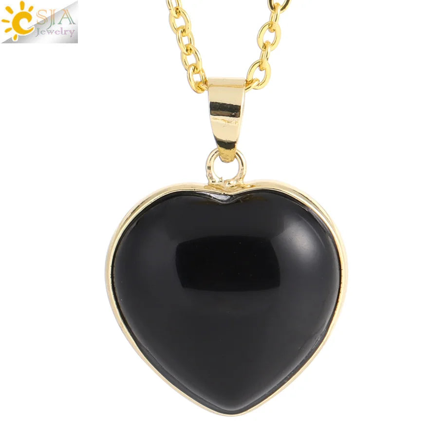 Csja Collar Corazón de Cristal para Mujer, Curativo, Cuarzo Rosa, Amatista, Colgante de Piedra Natural