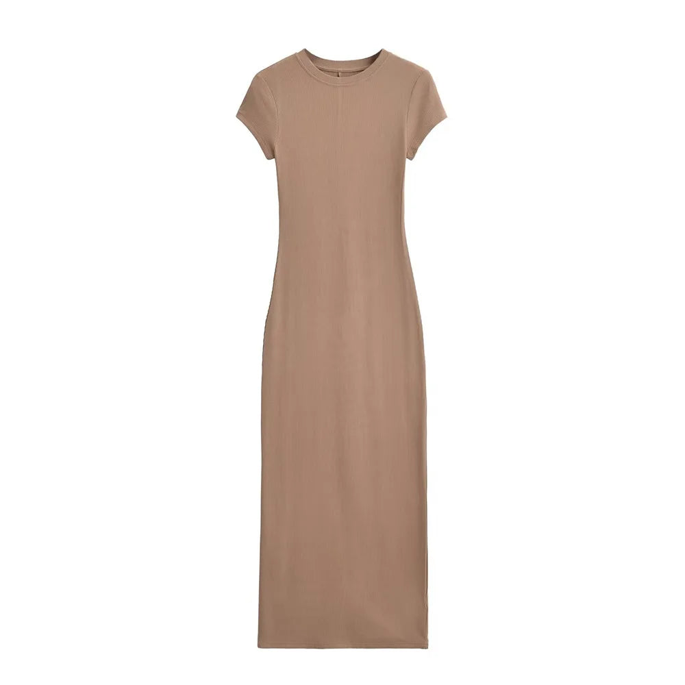 Short Sleeve Women Long Dresses Thin Style Crewneck Summer Solid Color Dress Commute Short Sleeve New Leisure Women Dress