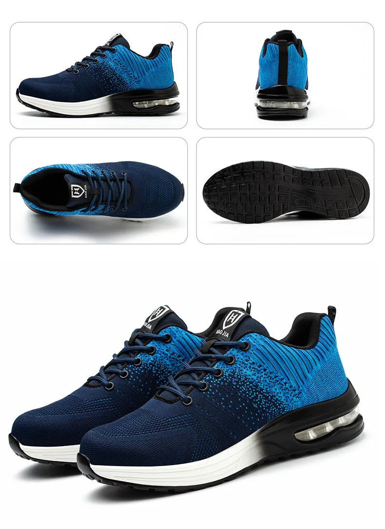 Steel Toe Work Shoes for Men Women  Anti-Smash Anti-Puncture Blue Safety Shoes Breathable Lightweight Air Cushion Work Shoes