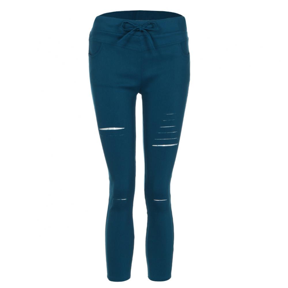 Solid Color Drawstring High Waist Pencil Pants Ripped Skinny Leggings High Waist Pencil Pants Ripped Skinny Leggings
