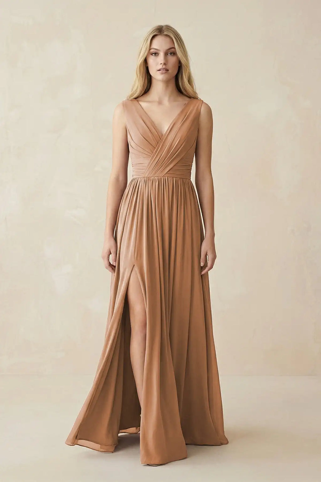 Sleeveless Deep V Neck Chiffon Formal Dress Ruched Empire Waist Front Split A‑Line Floor‑Length Bridesmaid Party Prom Dresses