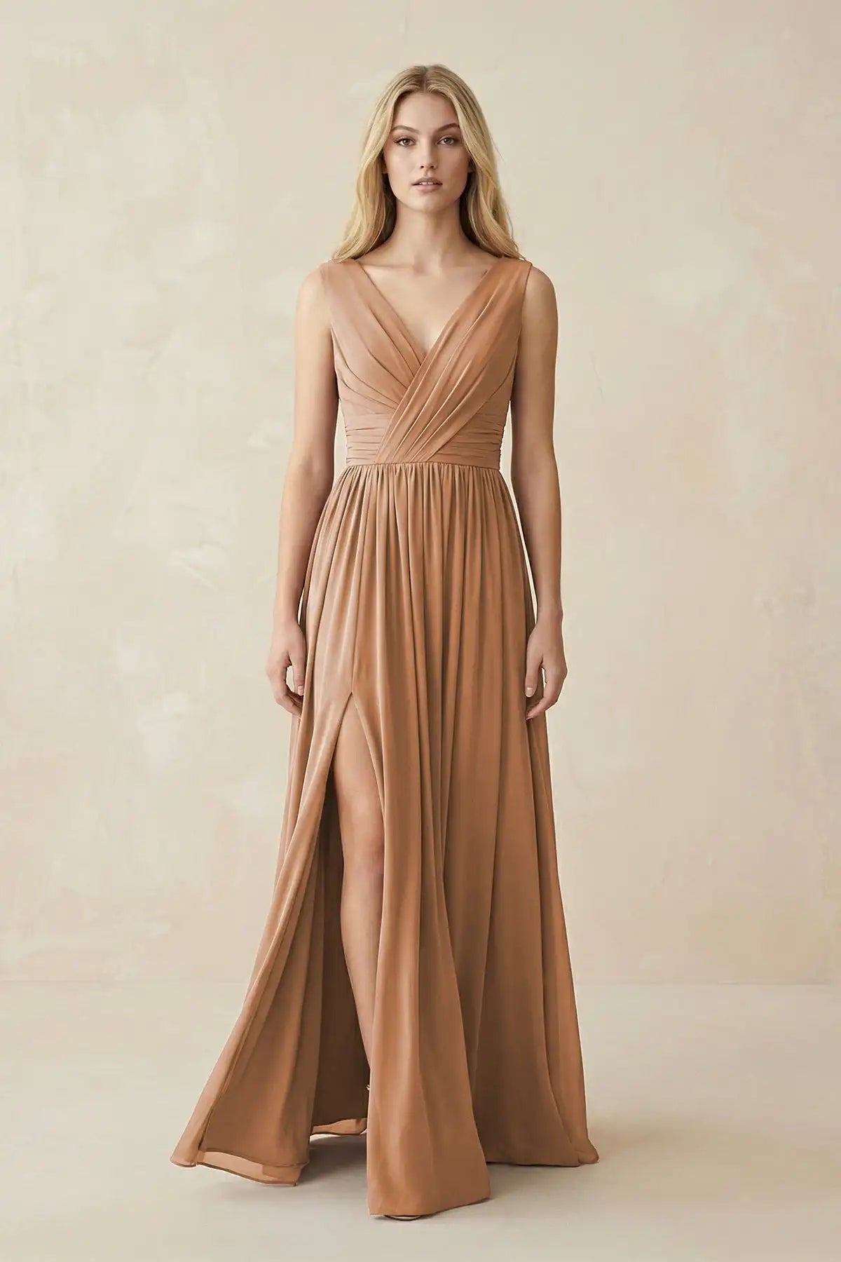 Sleeveless Deep V Neck Chiffon Formal Dress Ruched Empire Waist Front Split A‑Line Floor‑Length Bridesmaid Party Prom Dresses