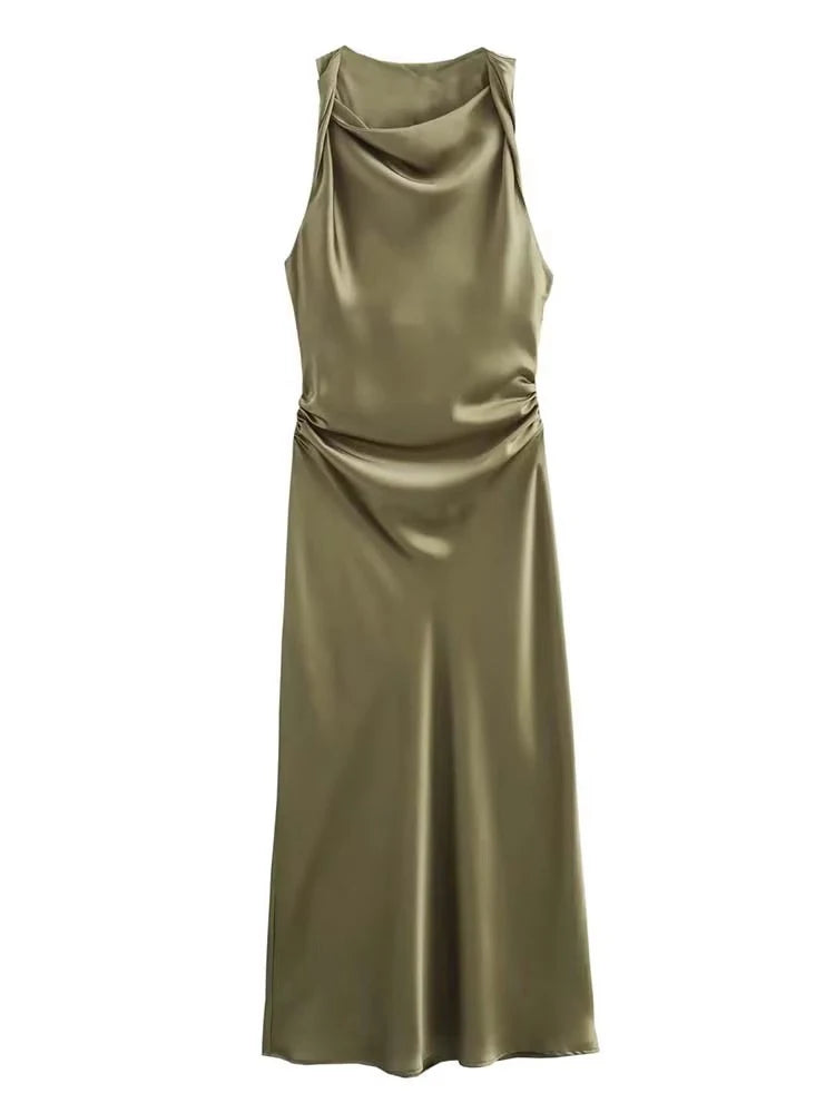 Satin Halter Midi Dress | Sleeveless Evening Party Dress