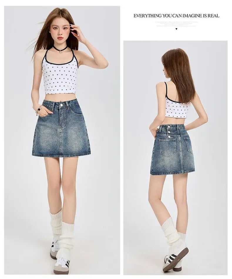 Harajuku Denim Plaid Skirt Women Sexy Multiple Pockets Mini Skirts Vintage Y2K New Fashion 2025 Lady Casual Versatile Streetwear