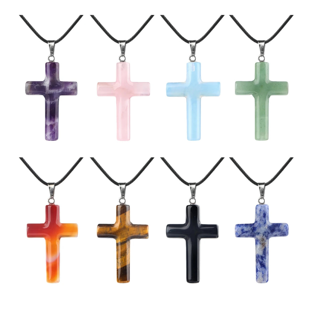 Handmade Craved Cross Gemstone Pendant Necklace for Women Men Healing Chakra 27x40MM Crystal Charms Choker Jewelry