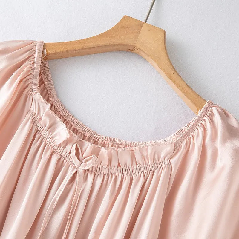 Loose 100%Silk Short Sleeve Nightgown, Summer Medium-long Satin Sleepwear Woman
