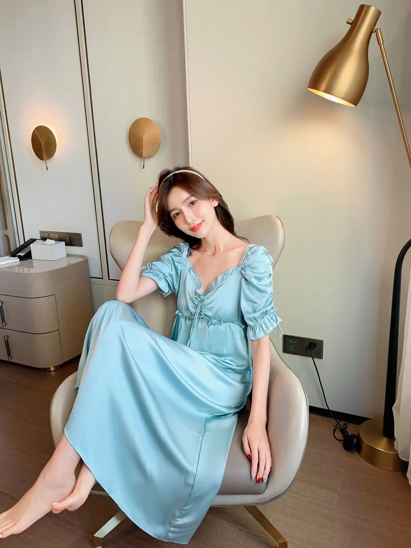 Satin Long Nightgown Women Sweet Lovely French Sleepwear Retro Silk Short Sleeve Sleepshirt Ladies Fashion Nightdress Home Dress
