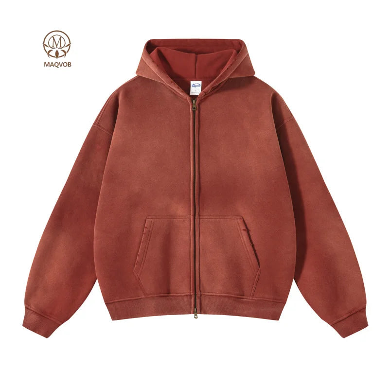 Maqvob European And American High Street Autumn Tie Dye Washed Vintage 360G Fleece Lined Double Zip Puller Sweatshirt Hoodie