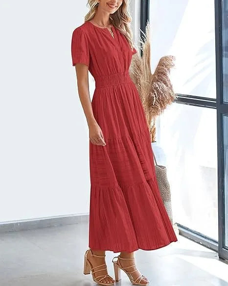 Summer Solid Color V-neck Tight Waist Dress French Style Elegant Pleated Large Swing Long Dress Casual Vacation Style Slimming M