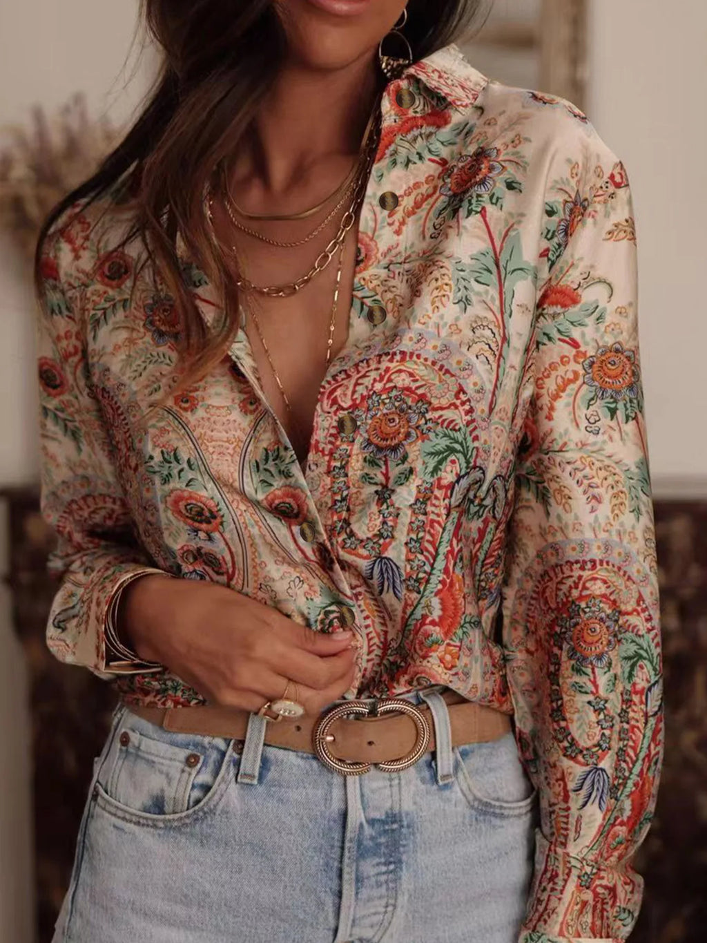 Women's Casual Printed Collar Shirt - Long Sleeve Loose Fit Top