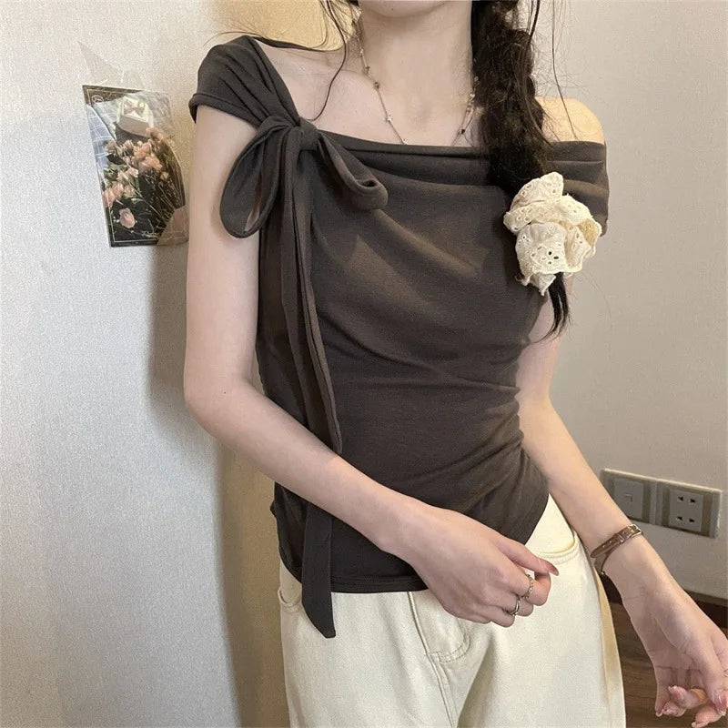 Sexy Spice Girl Shoulder Short Tshirt Women's Strap Slit Cleanfit Style Ladies' T-shirt Linen Fabric A-line Sleeve Other Mate...