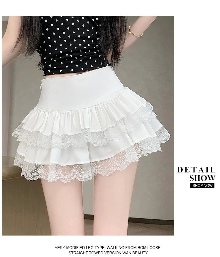 Pure Desire Lace A-Line Mini Skirt High Waist Puffy Sweet Style Short Cake Skirt Cotton Blend Fabric Summer Women's Dress