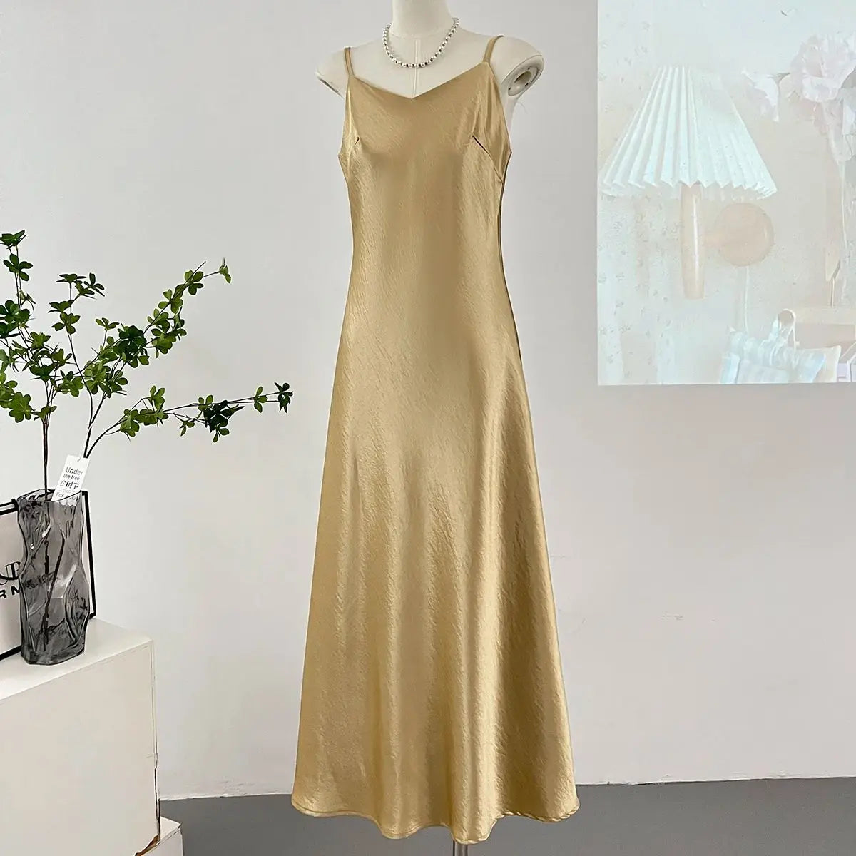 Elegant Women Spaghetti Strap Satin Dresses Summer V-Neck Solid Color Thin Sleeveless Long Dress Women A-Line Dress