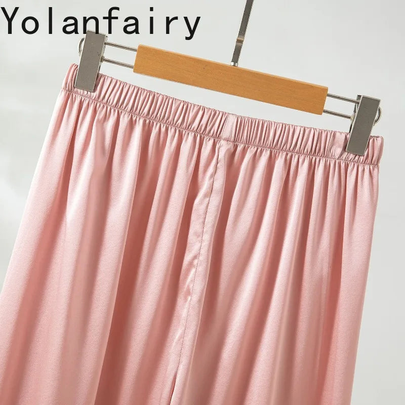 YOLANFAIRY 93% Real Mulberry Silk Pajamas for Woman 2026 Spring Summer High-end Sets Woman 2 Piece Short Sleeve Pijamas De Mujer