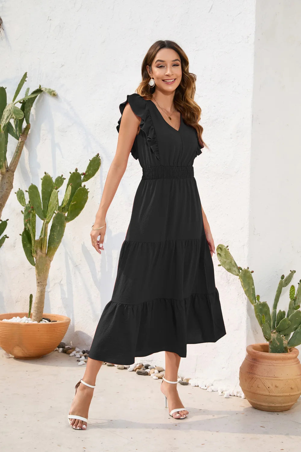 VigoCasey 2026 Summer Female Solid Long Dress Women Sexy Ruffle Sleeveless V Neck Long Dress Lady Casual High Waist Dresses