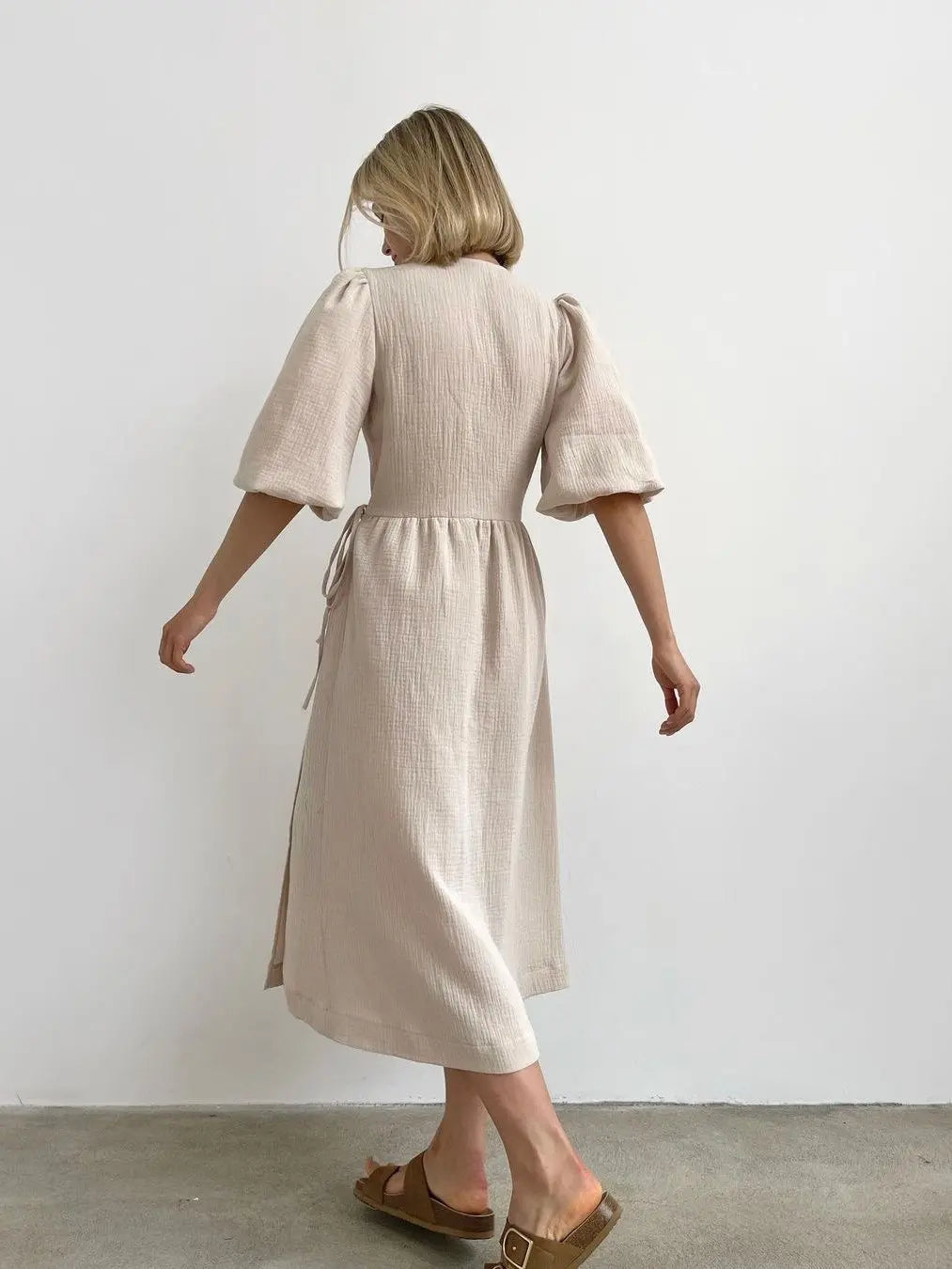 Long Dress Women Dresses Vestidos Lace Up V Neck Puff Sleeve Solid High Waist Female A Line Office Lady Summer 2025 Maxi Gown