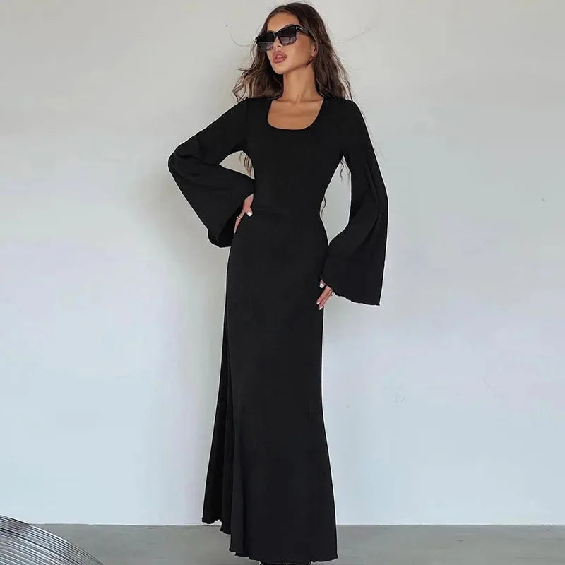 Women's Flare Sleeve Maxi Dress – Slim Fit Lace-Up Floor-Length Gown