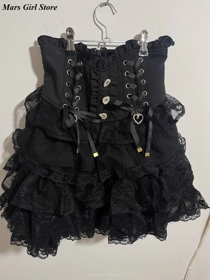 Japanese Lolita Lace Layered Skirt Women Anime High Waist Maid Style Sweet Ruffle Cake Skirt Kawaii Harajuku A-Line Mini Skirt