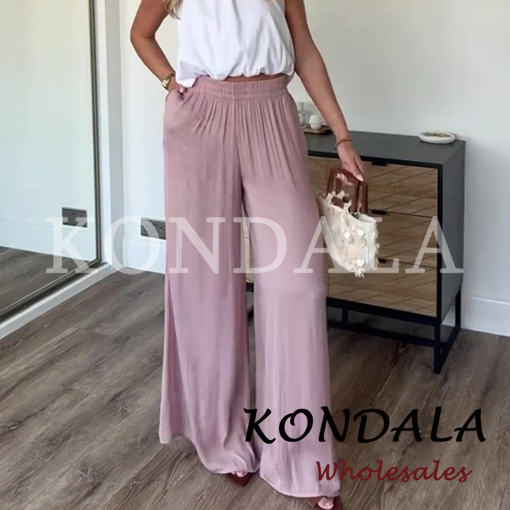 KONDALA Women's Wide Leg Pants - Casual Elastic Waist Trousers Pink